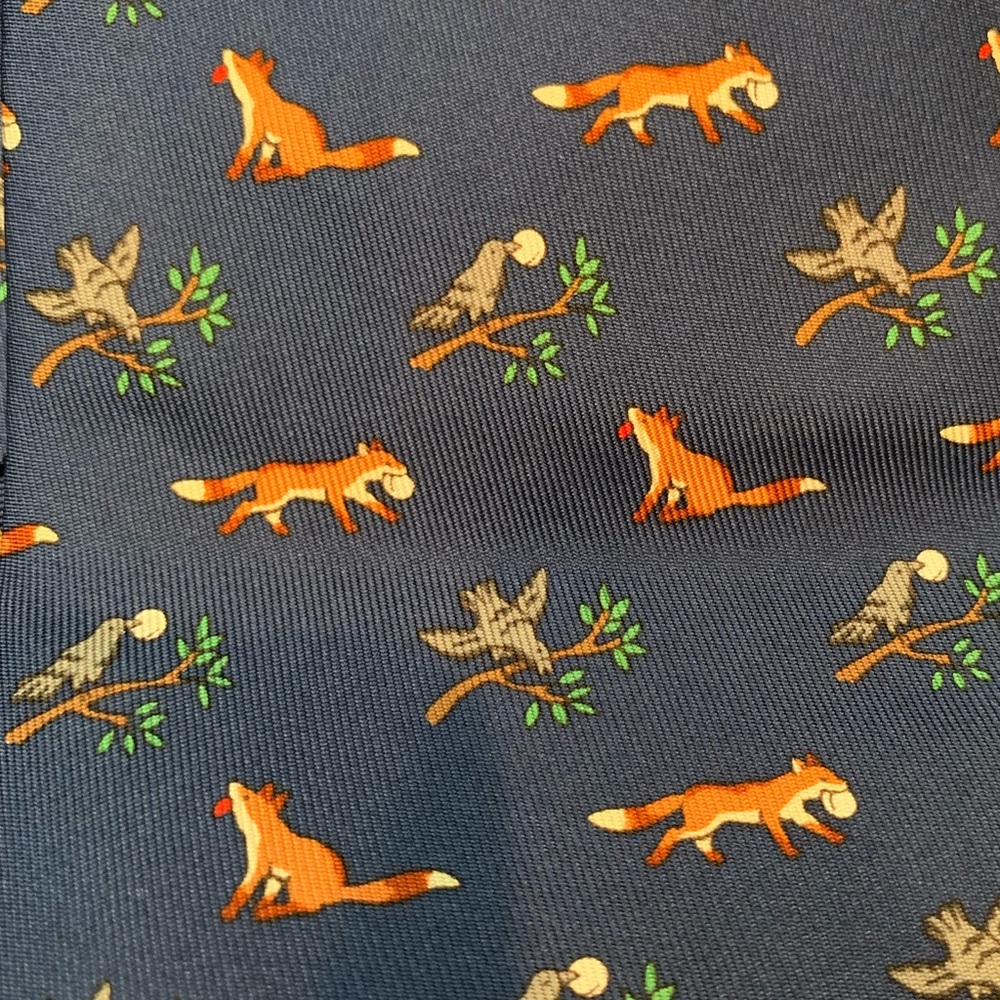 Authentic Hermes Silk Blue Tie Foxes and Birds
